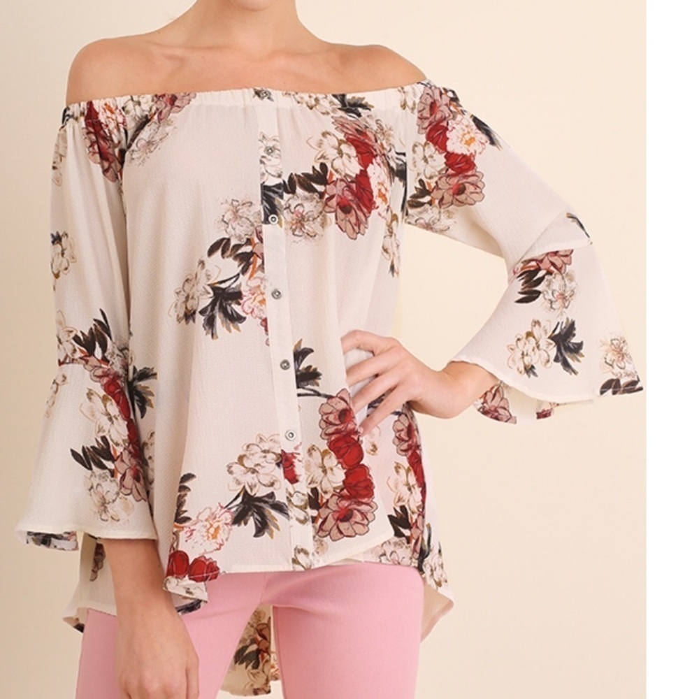 Floral print, bell sleeved off shoulder button up